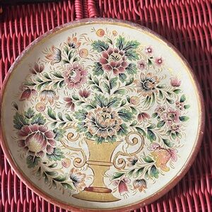 8” Hand-Painted Floral Decorative WOOD Plate in Cream, Gold, Pink & Green